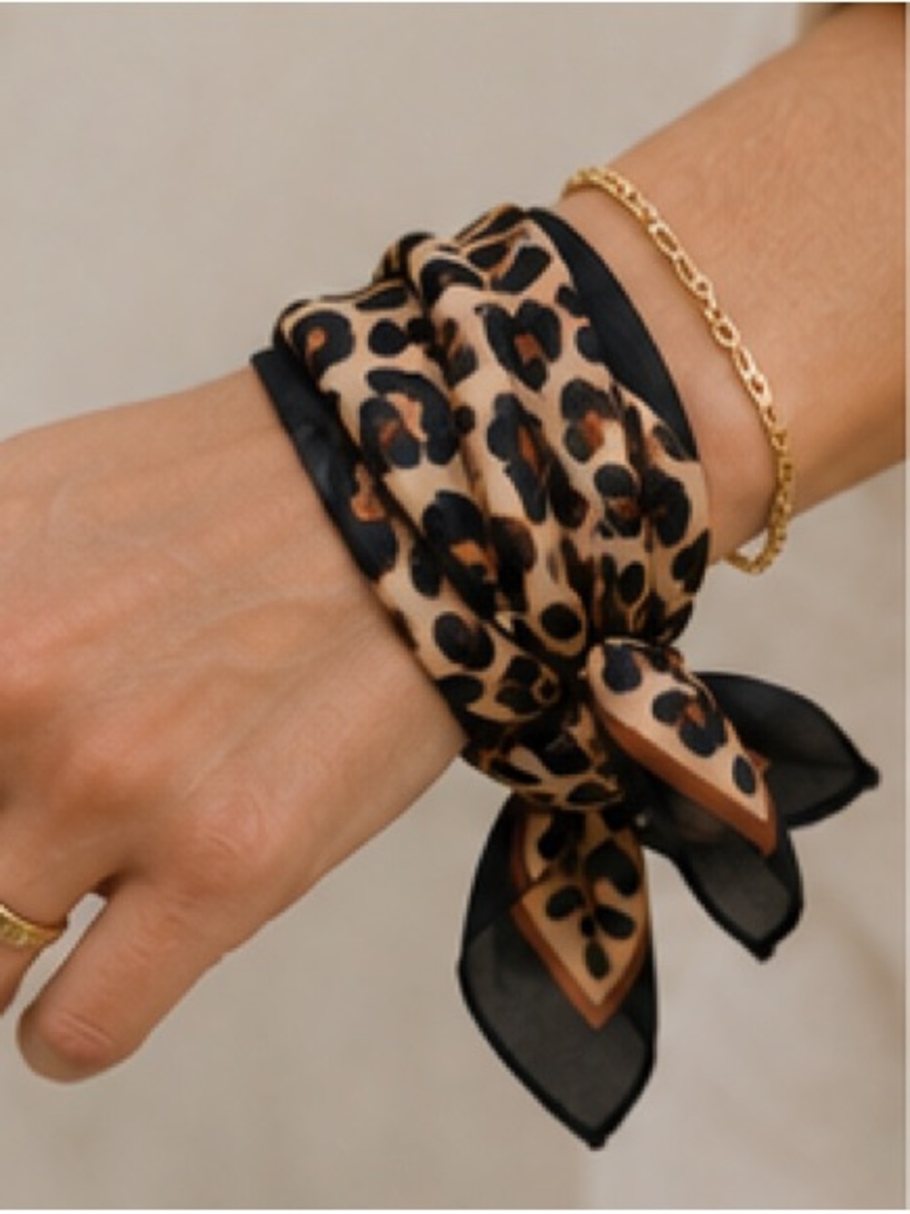 Leopard Print Satin Scarf 26β x 27β Neutral Black & Beige Square Scarf - Picture 9 of 10